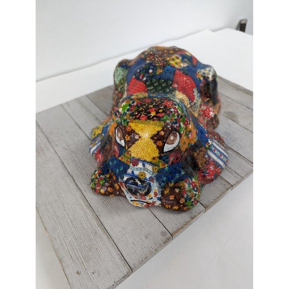 Vintage Patchwork Puppy Dog Decoupage Doorstop Statue Quilted Chalkware 13 1/2" - Picture 2 of 6